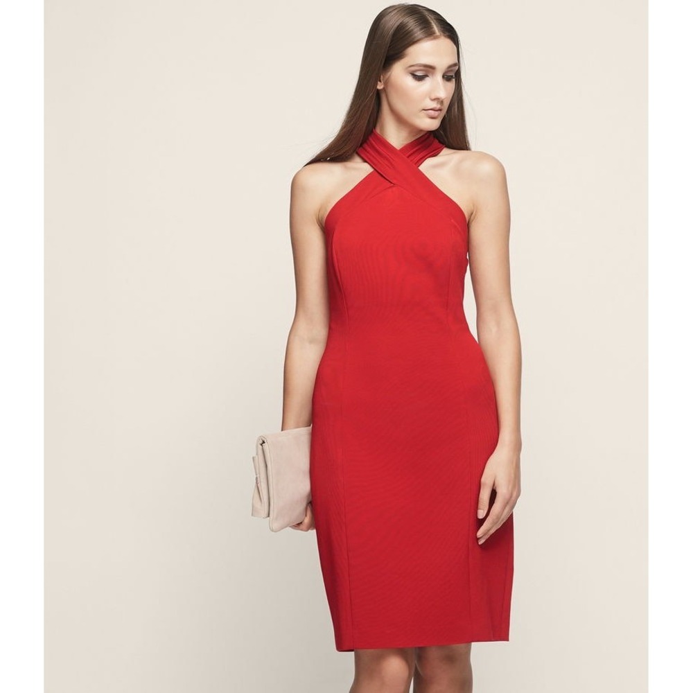 Reiss Zaira Bodycon Dress Crimson Red Halter Cocktail 6 NEW
